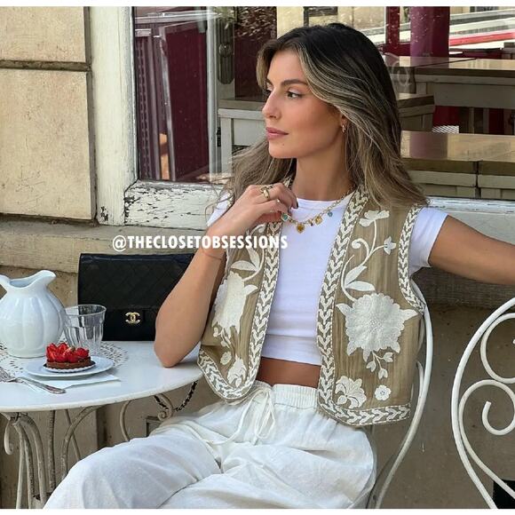 ZARA Embroidered Vest NWT | Khaki Open-Front Waistcoat Boho Chic M/L - Picture 6 of 16